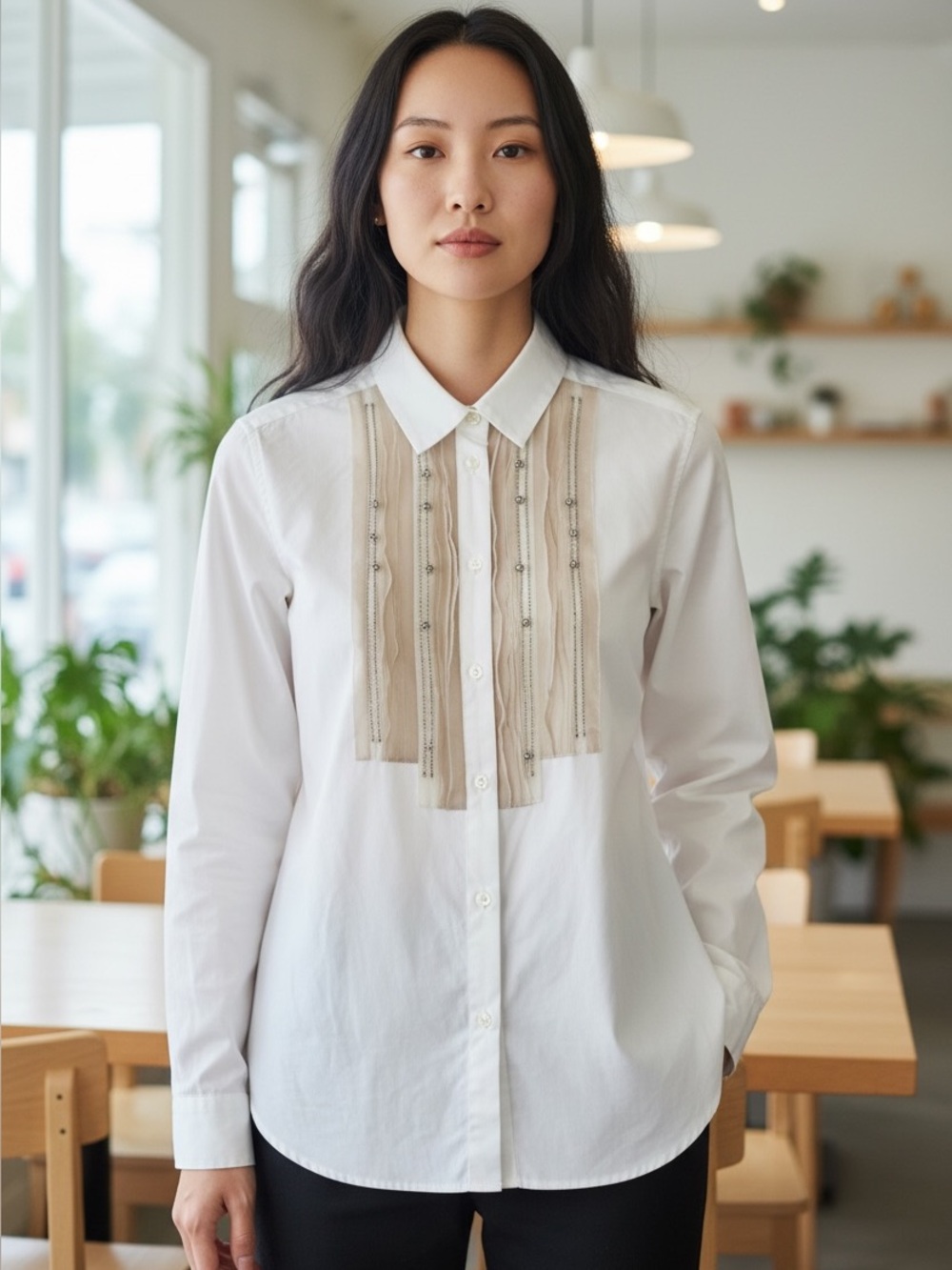 Etro White Embellished Ruffled Bib Button-Down Shirt Women’s Size 40